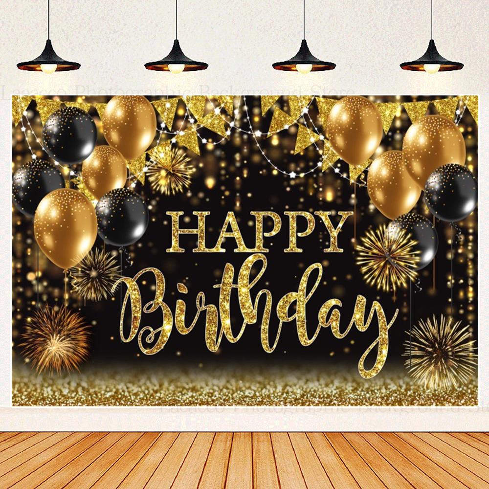 Geburtstagsparty Kulissen Schwarz Gold Ballons Champagner Geburtstagsfeier Deko Banner Fotografie Hintergrund für Männer Frauen
