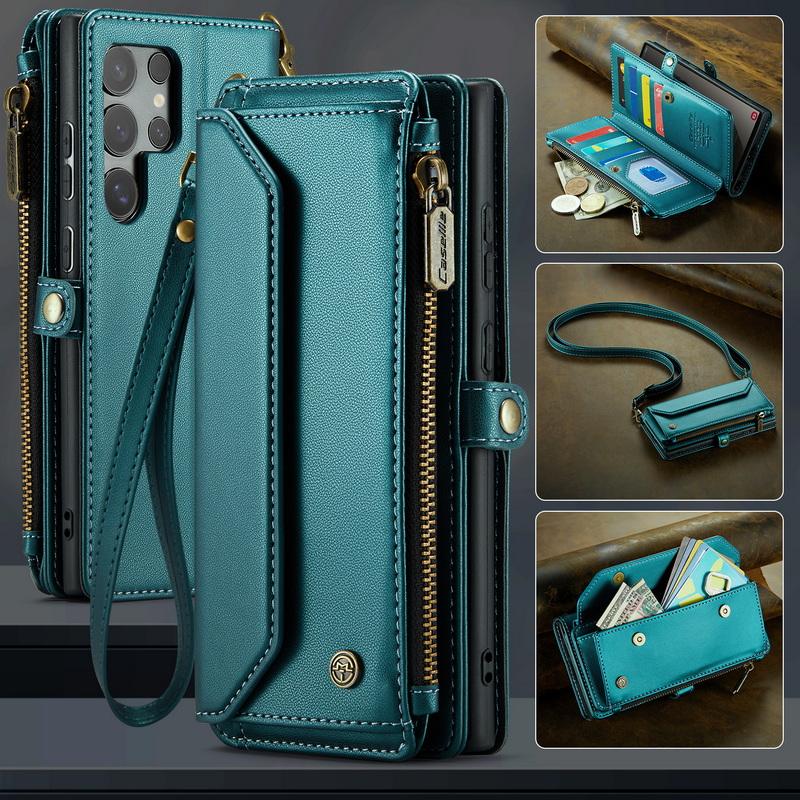 Luxury Leather Case For Samsung S24 FE S23 Ultra S22 S21 Plus S20 S25 A16 A17 A57 A55 A35 A54 A34 S26 Crossbody Lanyard Zipper Wallet Card Slot Cover