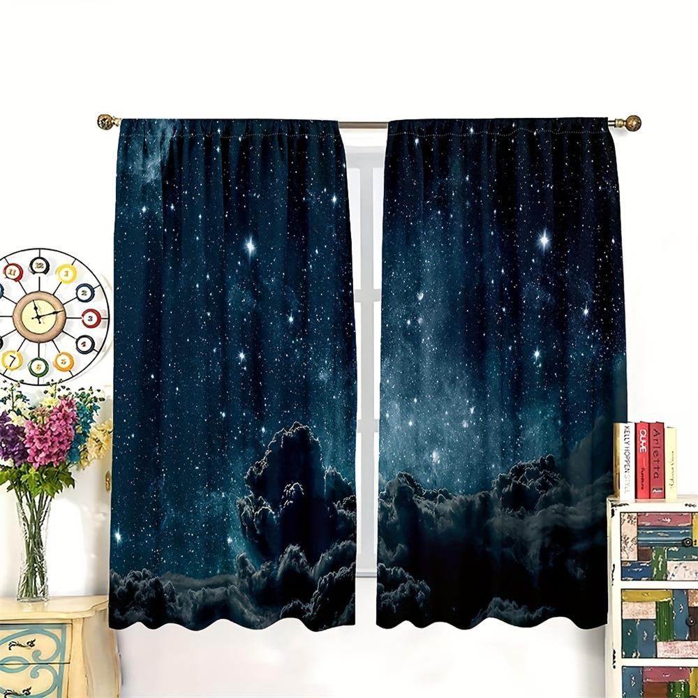 Night Moon Galaxy Blue Cloud Shine Stars Starry Window Curtain For Living Room Kids Bedroom Bathroom Kicthen Door Home Decor2pcs
