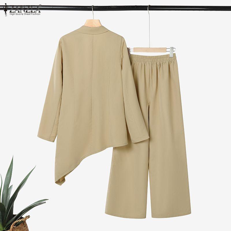 ZANZEA Dam Långärmad Cardigan Blus och Byxor Casual Tvådelade Kostymset