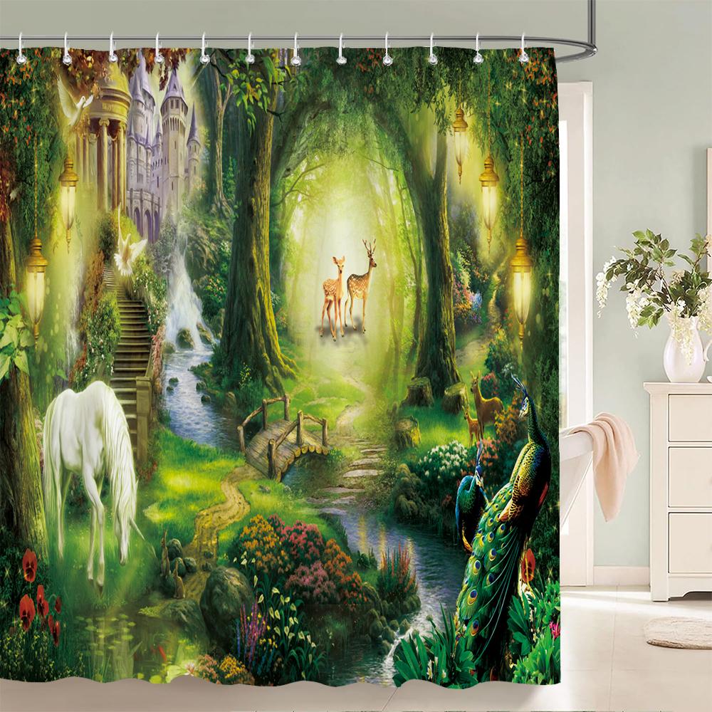 3D Fantasy Forest Landscape Printed Shower Curtain Waterproof Polyester Bath Curtain Bathroom Decoration With Hooks Curtain