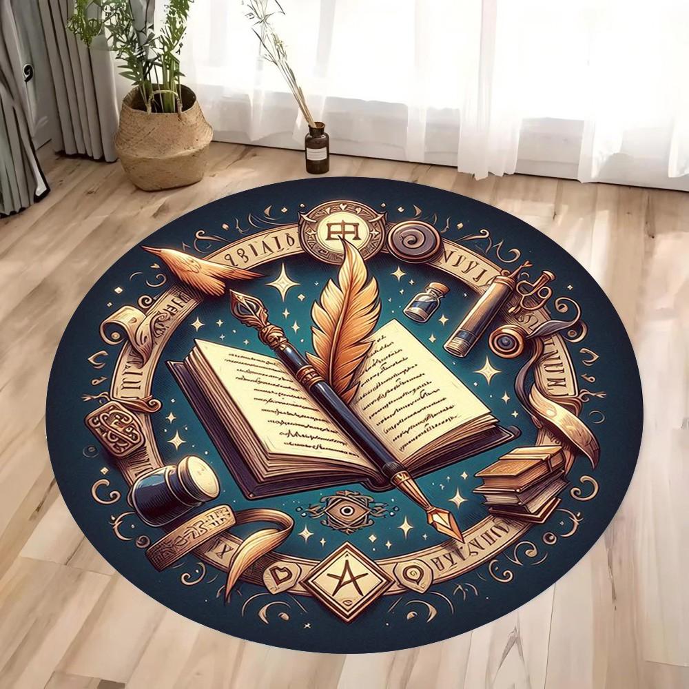 Magic Hat and Vintage Ancient Book Circular Carpet  Bedroom Living Room Non Slip Floor Mat Home Decoration Yoga Studio