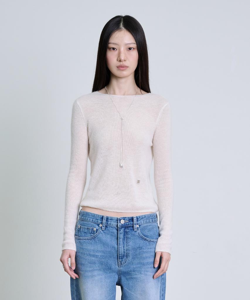 Deoaeteus Alpaca Wool Sheer Boatneck Pullover_Ivory