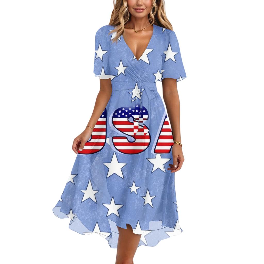 Women’s V Neck Short Sleeve Midi Dress with Abstract Print and Asymmetrical Hem for Casual or Daily Wear
