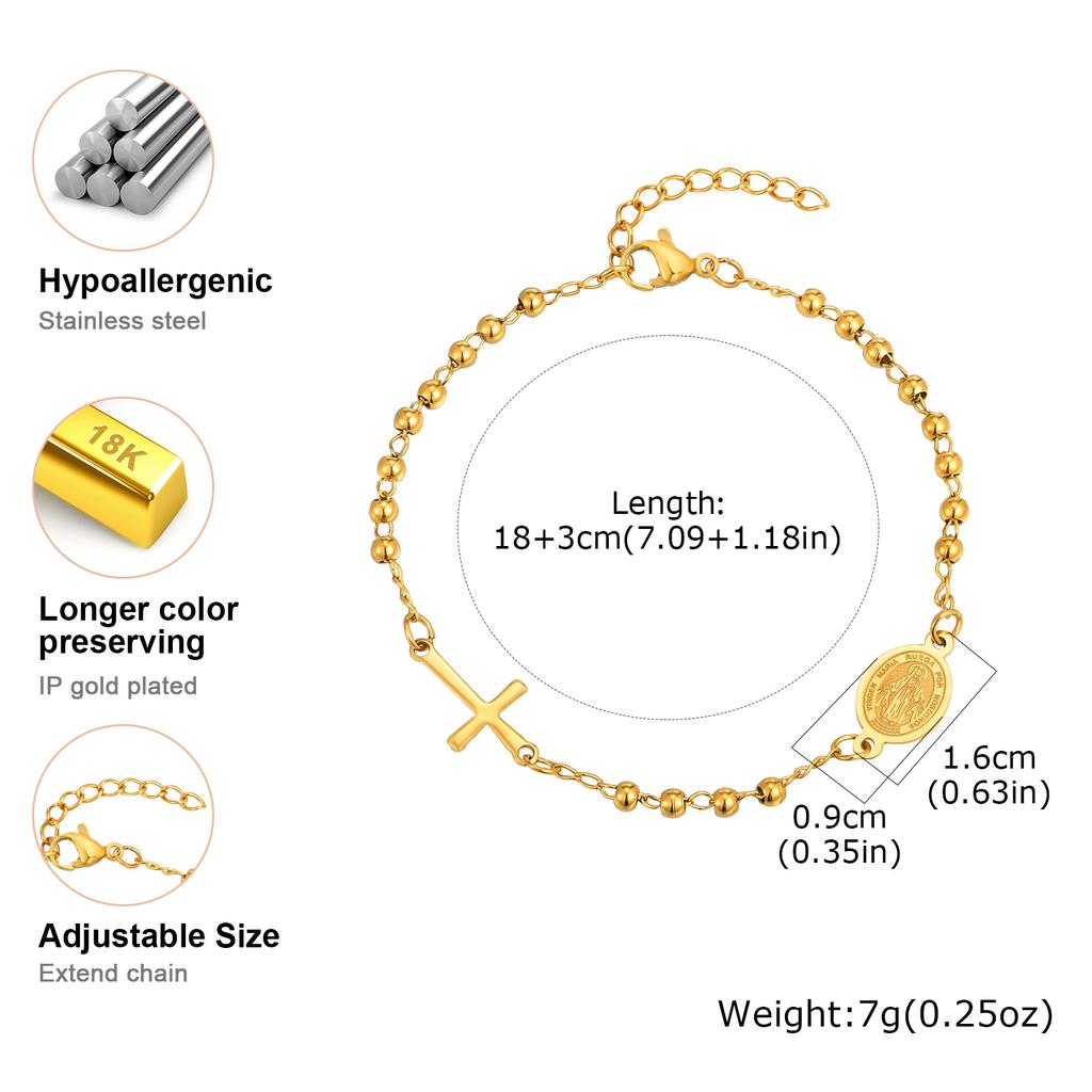 Three-color Holy Rosary Cross Bracelet for Women,Round Bead Stainless Steel Gold Color Bracelet,Virgin Mary Christianity Jewelry