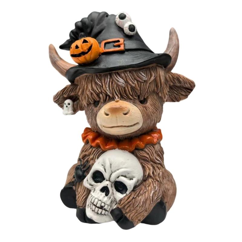 Highland Cow Holding Skull Pumpkin Statue Unique Holiday Gift Handcrafted Resin Figurine Halloween Tabletop Display