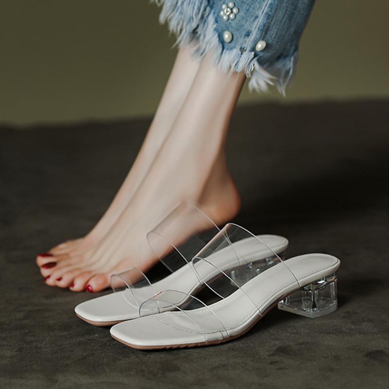 2024 Crystal Heel Women's Fairy Style Slippers: Transparent One-Strap High Heels with Thick Sandals