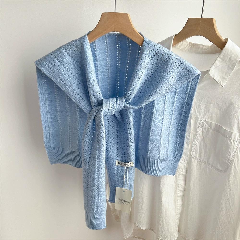 Korean Plain Basic Hollow Out Knitted Warm Shawl Winter Female Blouse Shoulders Fake Collar Cape Knotted Scarf Stripe Outerwear