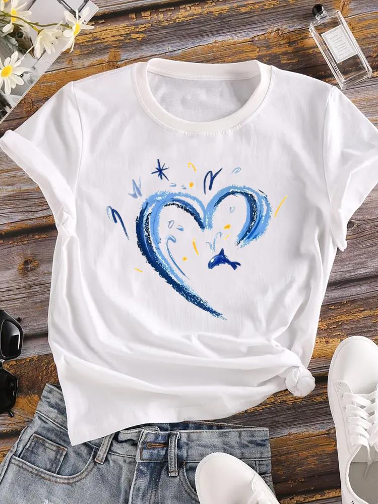 (Asian Size) Female Top Fashion Graphic Short Sleeve T-shirts love heart flower Casual T Shirt Lady Printed Clothing Women Tee