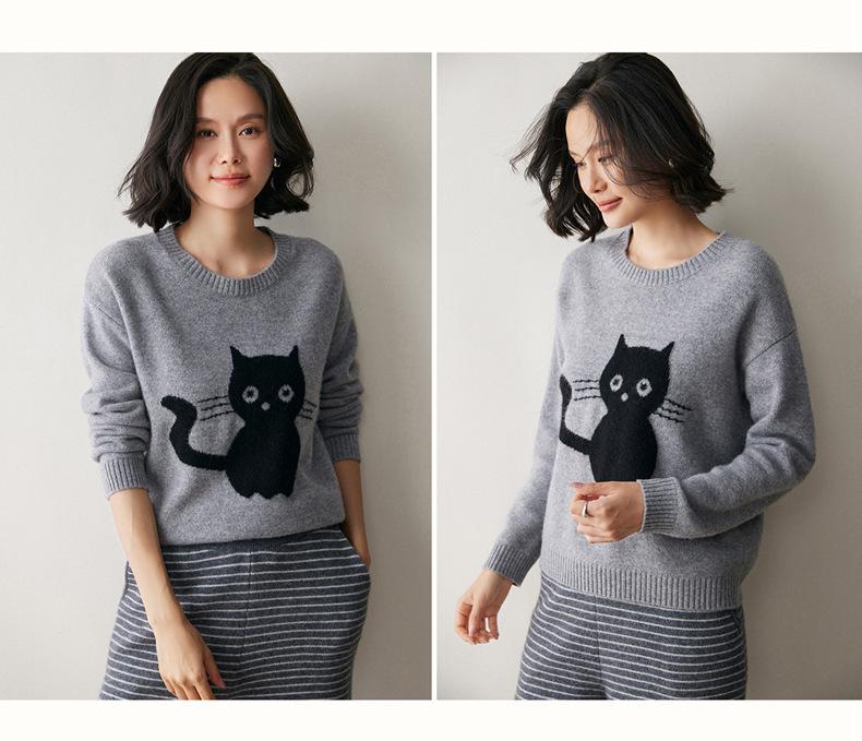 2025 Höst/Vinter Dam Kasmir Kitten Jacquard Långärmad Tröja - Rund Hals