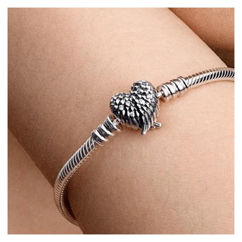 Pandora Snake Bone Heart-shaped Wing Shape Design 925 Silver Synthetic Cubic Zirconia Bracelet Women's Silver 593680C01