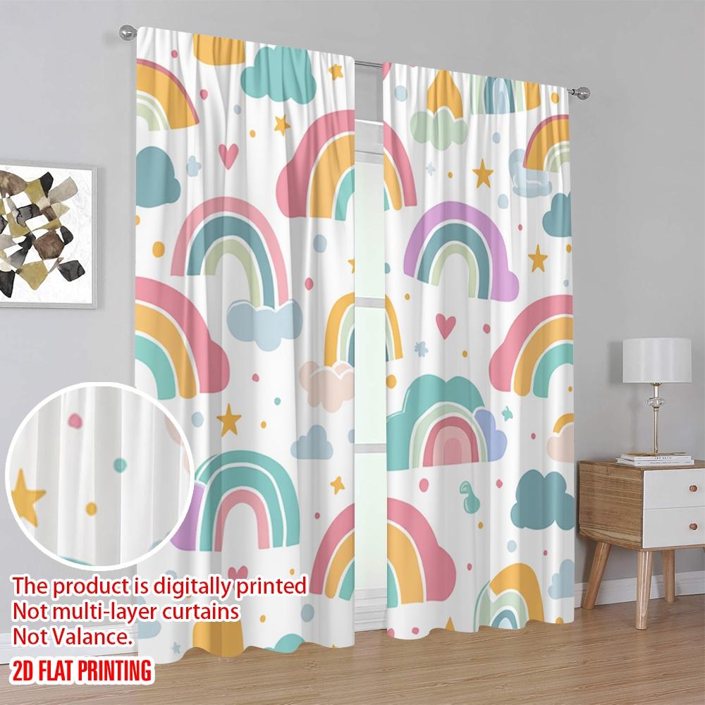 Set Of 2 Flat Printing Curtain Cute Rainbow Cloud Stars Digital Printed Polyester Drapes Holiday Decorations Perfect