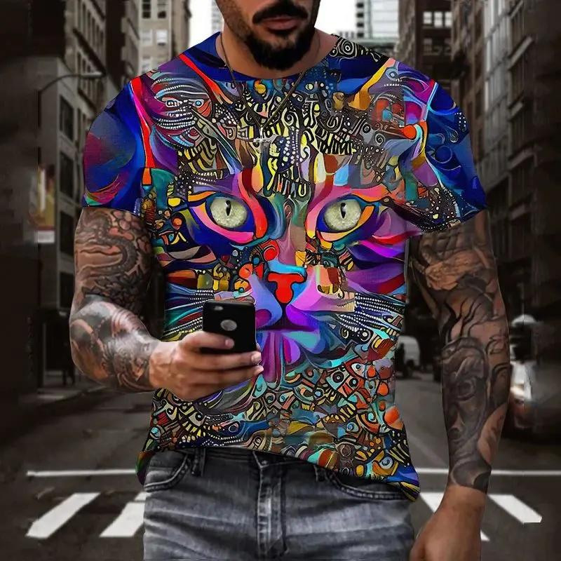 Camiseta Masculina Casual Divertida de Manga Curta Primavera/Verão Estampa 3D de Cabeça de Gato Harajuku Animal Print Masculino Gola O Solta Moda