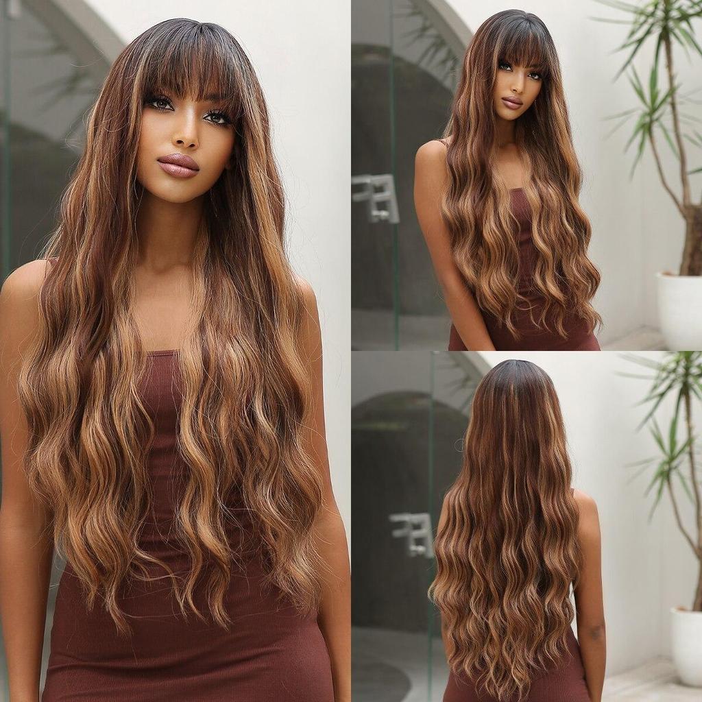 Long Body Wavy Synthetic Wigs Platinum Blonde Ombre Hair Wigs for Women With Bangs Cosplay Wigs Heat Resistant