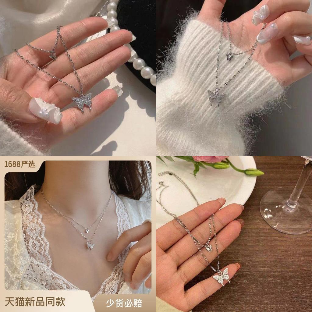 Double Layer Butterfly Necklace Sparkling 2022 Spring/summer New Trendy Neck Chain For Women Ins Korean Versatile Collarbone Chain
