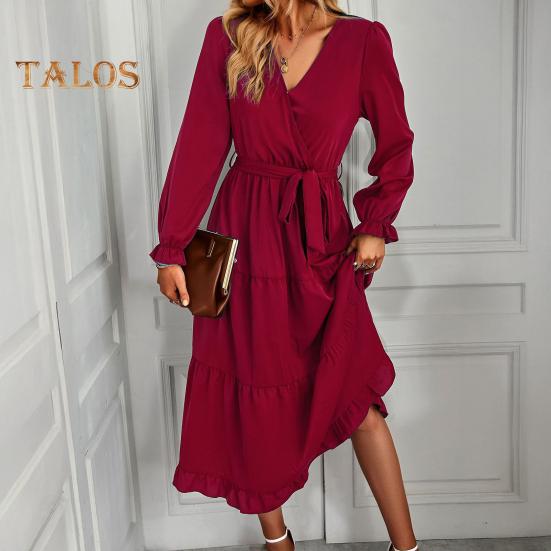 Women's Long Sleeve Maxi Dress Casual A-line Swing Flowy Tiered Long Dress Summer V Neck Lace Up Beach Sundress