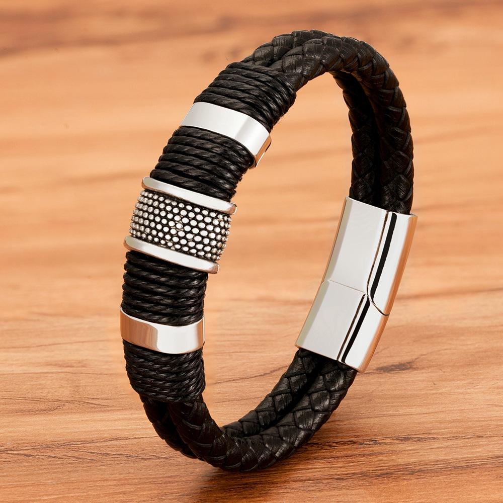 Popular braided leather rope special style classic stainless steel men's leather bracelet double-layer design