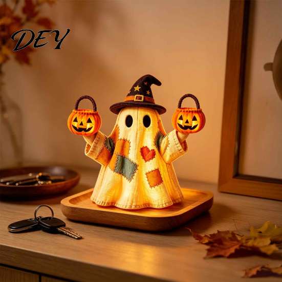 Tiered Tray Halloween Decoration Lighted Vintage Patchwork Ghost, Decor for Home Display, Vintage-inspired Ghost Figurine Rustic Fall with Soft