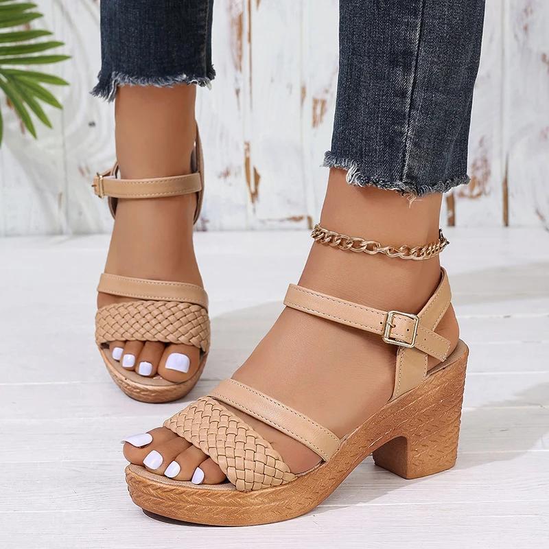 Damen Geflochtene Klobige Absatzsandalen Sommer 2025 Knöchelriemen Plateau Gladiator Sandalen Frau Mode Gewebte Hochhackige Sandalen