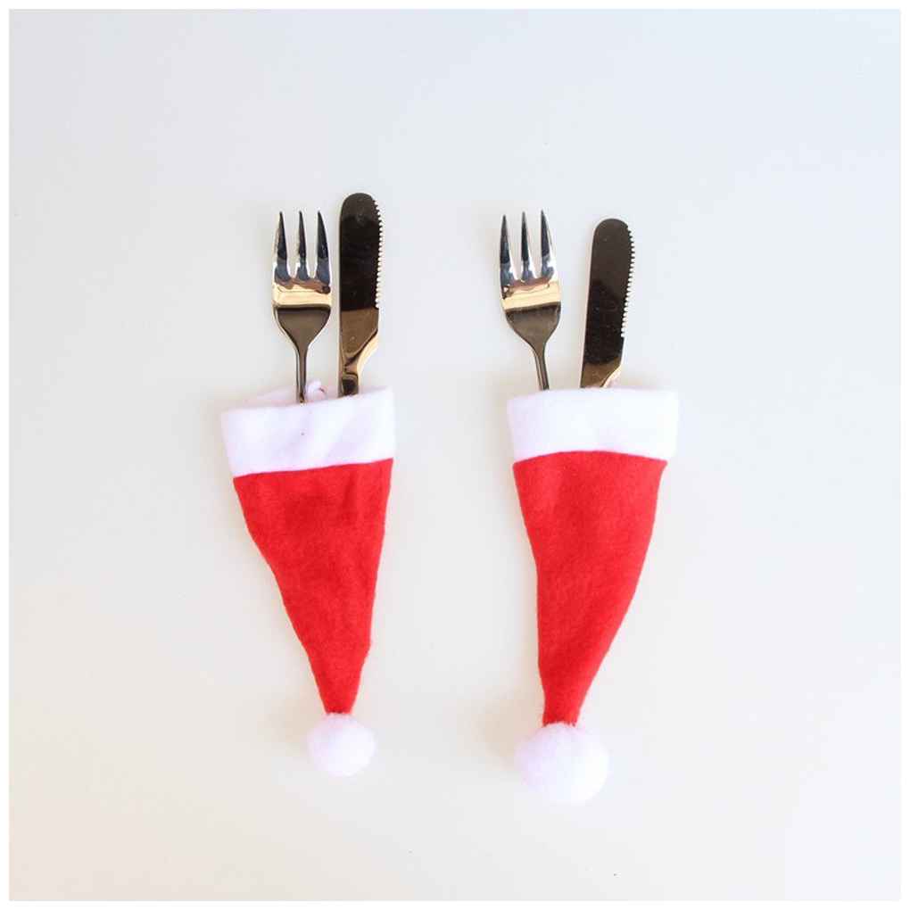 10pcs Christmas Hat Cap Tableware Silverware Holder Pockets Spoon Dinner Decoration Fork