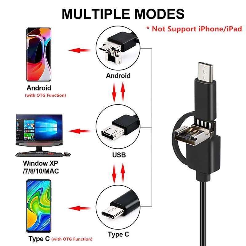 3-in-1 Pipeline HD Endoscope Camera 7 Mm 6 LED Car Repair Detector Peeping IP67 Waterproof Pipeline Camera Usb Pc Android Type C