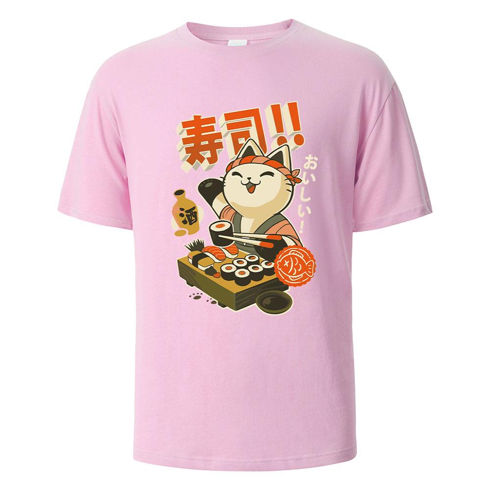 Sushi Cat Print t shirts 100% Cotton Summer Tees For Men Women Oversize Casual Tops t shirts