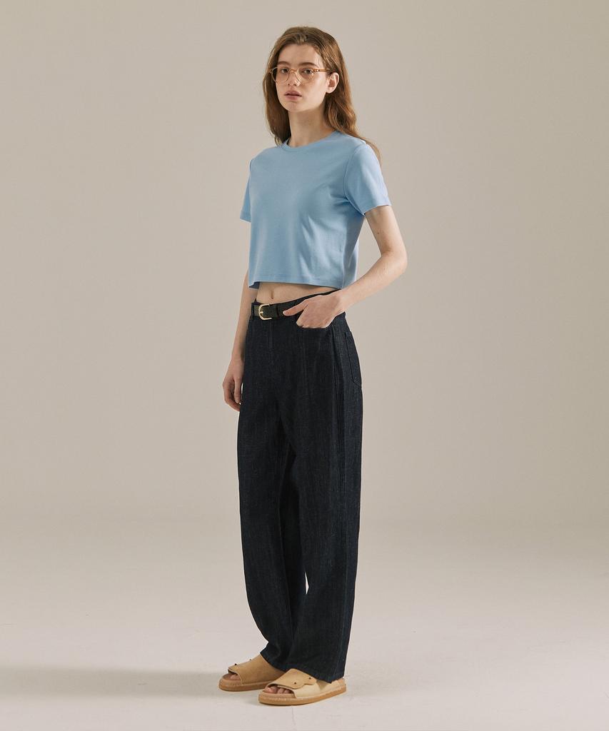 BASIC HOUSE Women'S Round Crop Short Sleeve T-Shirt Blue Lats0202