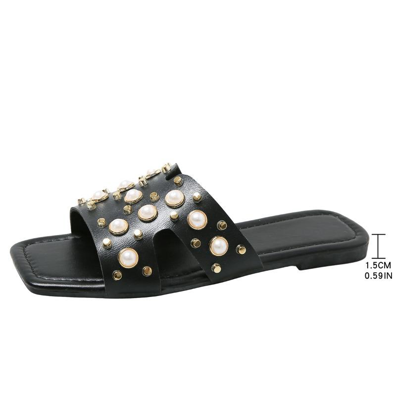 2024 Hot Sale Damesschoenen Plus Size Dames Slippers Mode String Kraal Dagelijkse Slippers Dames Nieuwe Klinknagel Peep Toe Platte Slippers