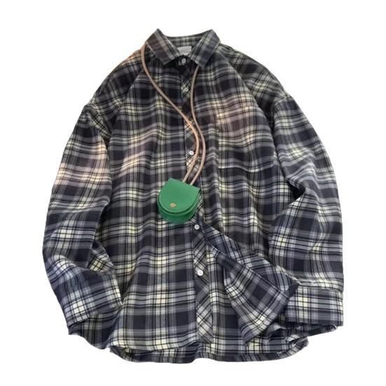 Spring Fall Men Shirt Turn-down Collar Plaid Printing Loose Button-down Retro American Style Long Sleeve Streetwear Top for Travel Daily Wear