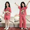 Children's Summer Plaid Pajama Set: Thin Short Sleeve, Cartoon Print, 3-Piece for Girls