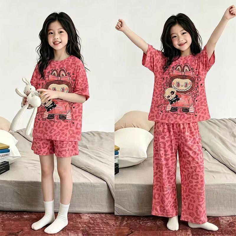 Children's Summer Plaid Pajama Set: Thin Short Sleeve, Cartoon Print, 3-Piece for Girls