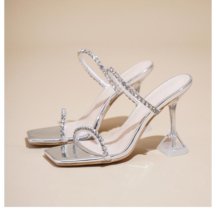 New Summer Sexy Fashion Open Toe Women's Sandals Water Diamond Shining Square Headed Banquet Women's High Heels Large Design