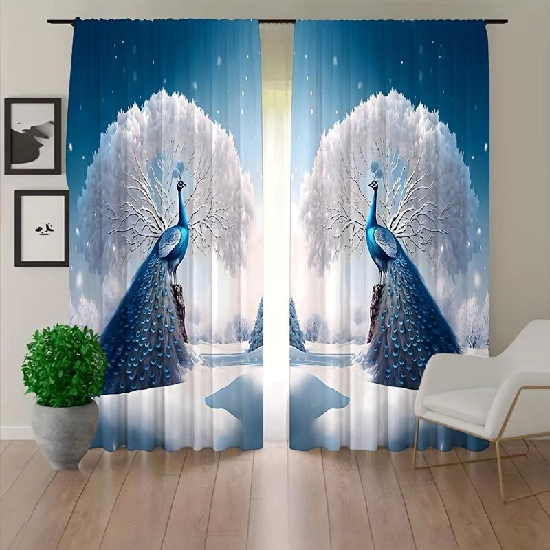 2pcs HD Digital Printing Curtains Home Decor Style Living Room Bedroom Rod Pocket Curtains National Flowers Blue Peacock Print