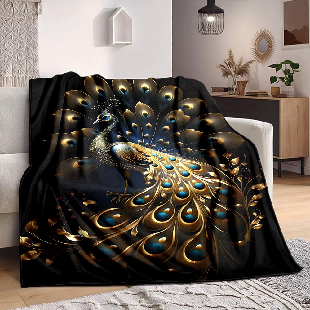 1PC Golden Peacock Feather Blanket, Throw For Sofa, Bed, Travel, Camping, Livingroom, And Bed, Printing Blanket With Soft And Warm Fabric Yy250918154