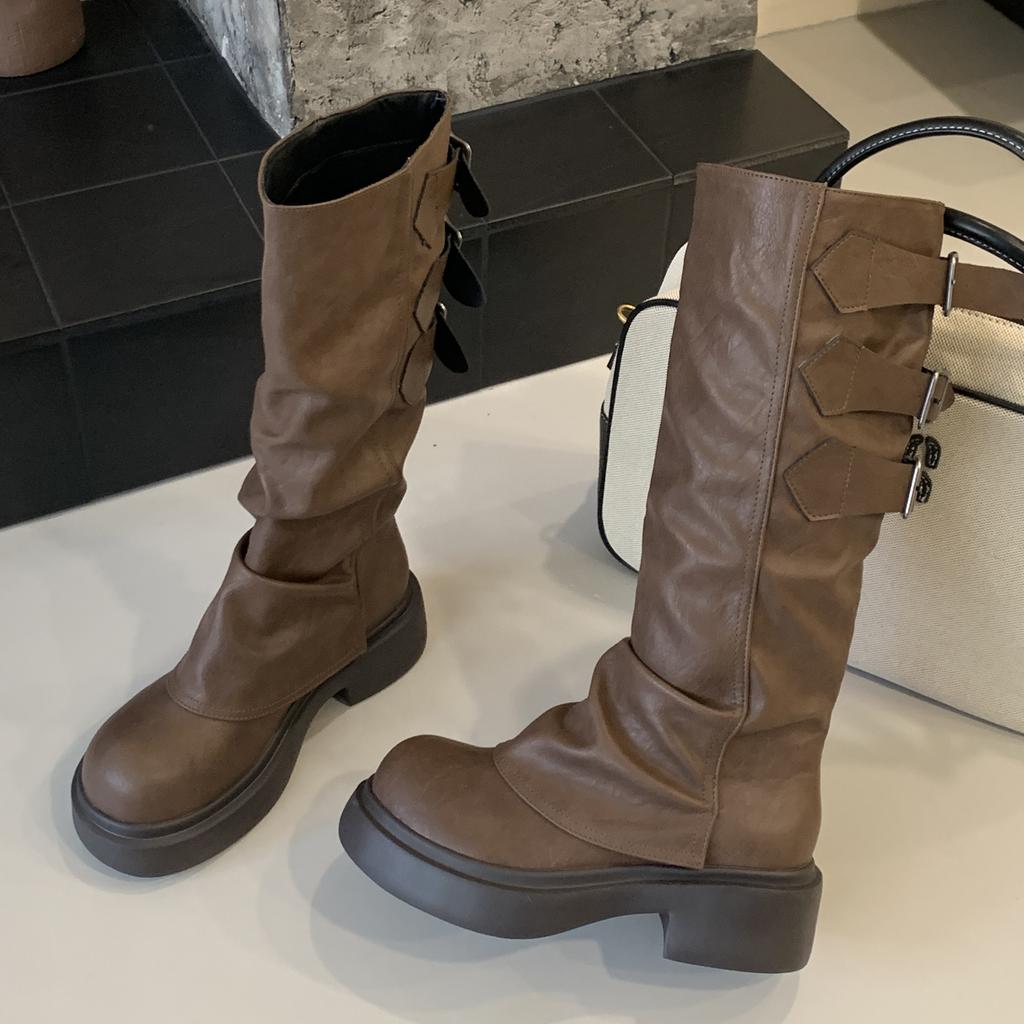 Eilyken Narrow Band Belt Buckle Women Knee-High Boots Vintage Round Toe Square Low Heels Autumn Winter Shoes
