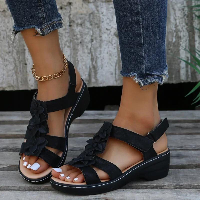 Fashion Oversized Sandals Summer Hollow Out Slope Heel Fish Mouth Flower Buckle Casual Sandals Orthopedic Sandals Comfort Woman