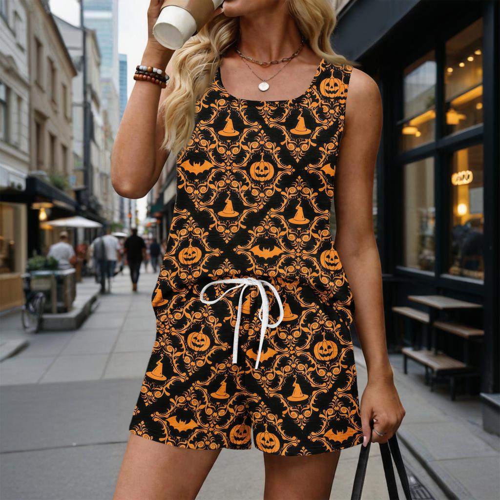 Women Summer Casual Two Piece Set Sleeveless Tank Top with Square Neck and Drawstring Shorts with Pockets Vintage Print Lounge Outfit