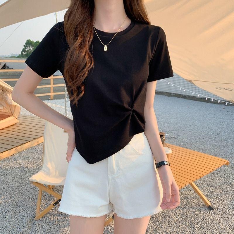 Unregelmäßiges Kurzarm-T-Shirt für Damen 2024 Neues Sommer-Intrigendes Design Nische Halbarm High-Waist Kurzes Oberteil