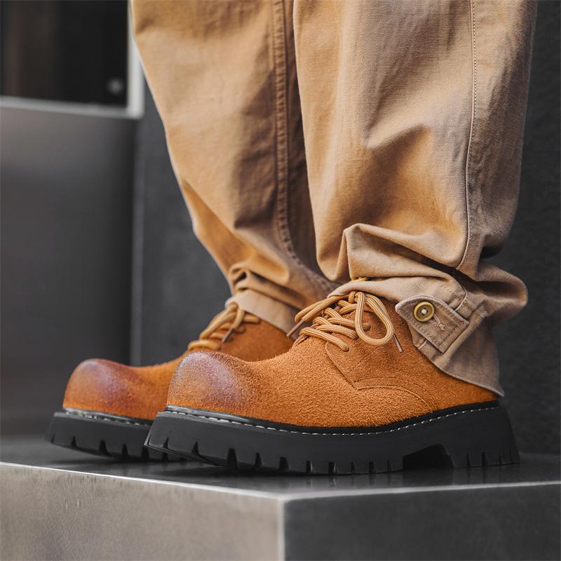 2025 Unisex Style Nubuck Suede Leather Round Toe Thick Bottom Platform Men Pumps Solid Color Lace Up Western Casual Derby Shoes