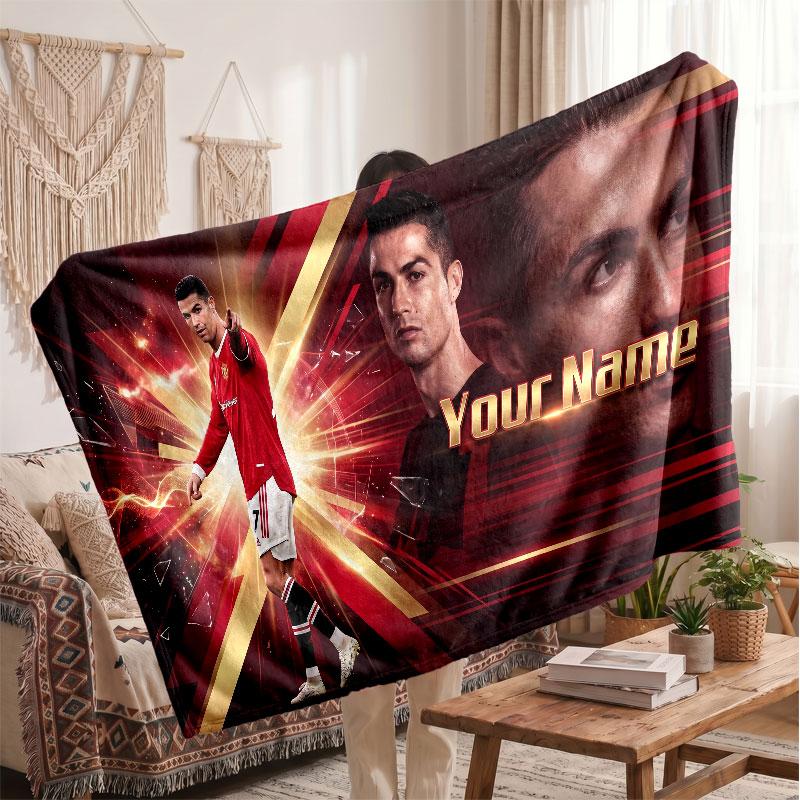 Personalisierte Fleece-Decke Cristiano Ronaldo mit Fußball-Logo, Individueller Name Text Weich Warm Home Überwurfdecke