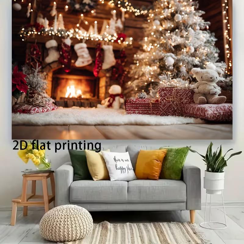 2D Cozy Fireplace Christmas Photography Backdrop, Rustic Cabin with Warm Fire & Holiday Decorations