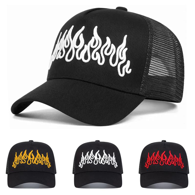 New Fashionable Baseball Hat Flame Embroidered Hip Hop Skateboarding Hat Outdoor Daily Leisure Sunshade Hat Unisex Mesh Hat