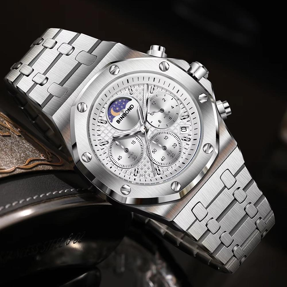 Quartz Watch For Men Moon Phase Auto Date Chronograph Luminous Waterproof Luxury Men's Watch Casual Reloj