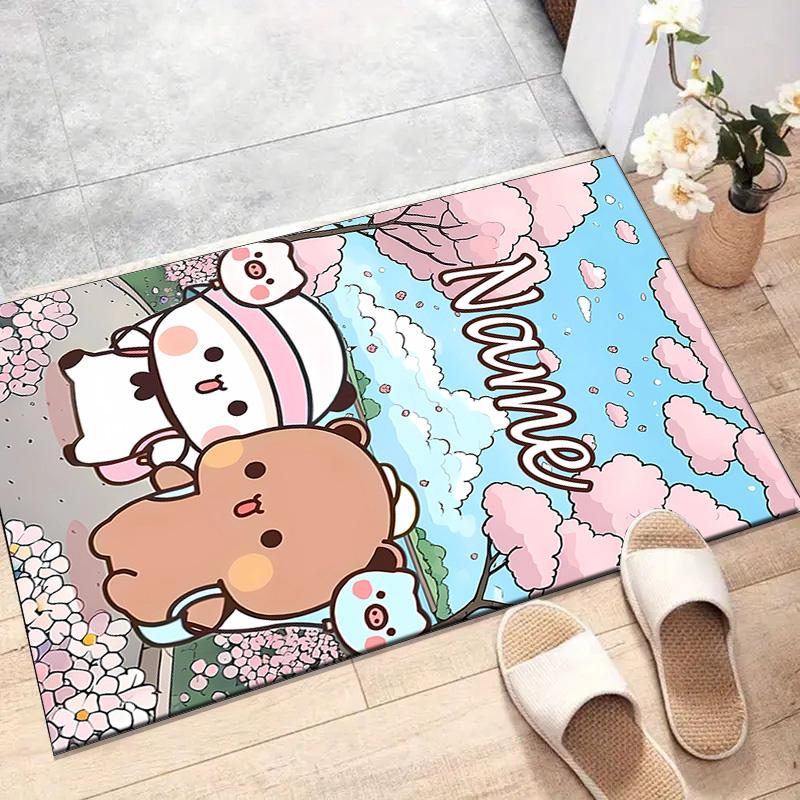 Custom Yier BuBu Bear Mat Personalized Name, Polyester Washable Indoor Entryway Rug, Gift for Christmas, Easter, Thanksgiving Day