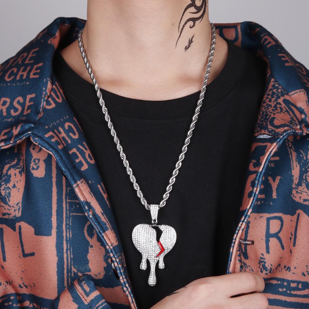 High-Quality European and American Full Diamond Water Drop Broken Heart Couple Necklace