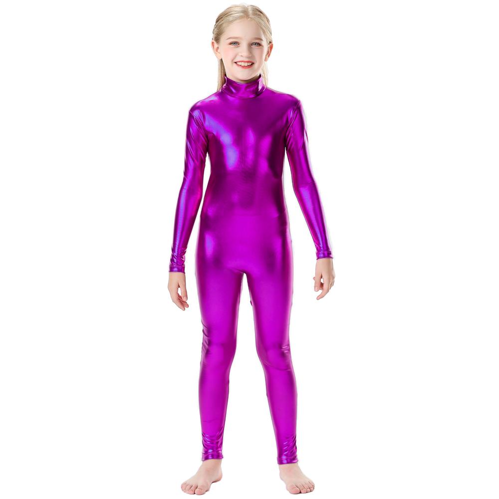 Dívčí lesklý kovový kostým s dlouhým rukávem a zipem na zádech, jednodílný kostým s motivem krku, dětský kostým, Wetlook