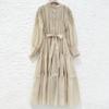 2026 Spring Summer Beaded Lace Patchwork Dress for Women Stand Collar Long Sleeve High Waist Belt Casual Vestidos Pleated Y2k