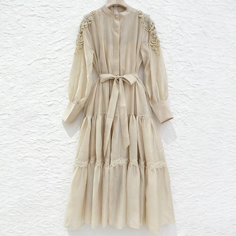2026 Spring Summer Beaded Lace Patchwork Dress for Women Stand Collar Long Sleeve High Waist Belt Casual Vestidos Pleated Y2k