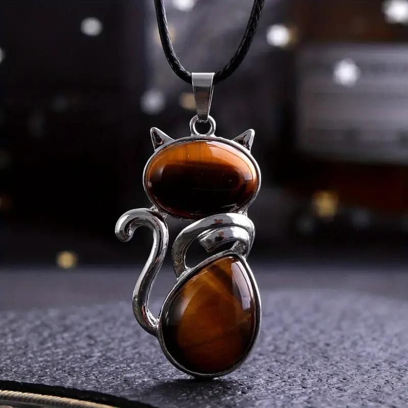 Natural Crystal Cat Pendant Necklace With Amethyst And Rose Quartz For Unique Jewelry Gift