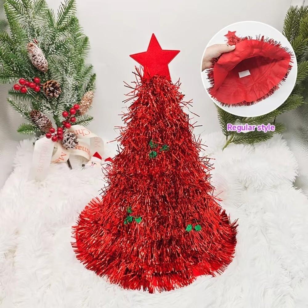 New Design Shiny Tinsel Colorful Poms Christmas Tree Hat Festival Party Supplies Role-Playing Costume Hat Headwear Photo Props
